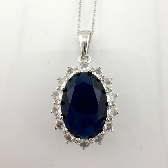 Stunning 6.40 Carat Imperial Lab Created  Blue Sapphire Pendant Necklace - Picture 3 of 16
